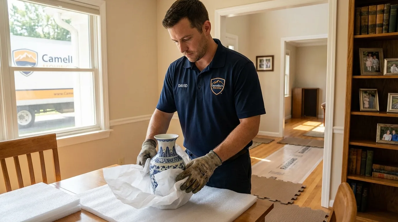 Professional crew carefully wrapping antique vase for senior downsizing move in Munfordville, KY